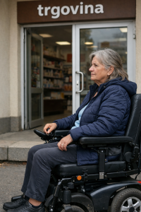 Ustvarjena fotografija gospe na električnem vozičku, pred vhodom v trgovino v katero zaradi stopnice pred vhodom žal ne more.