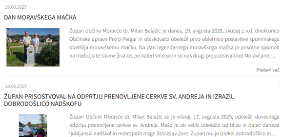 Seznam novic na spletni strani. Interaktivne ploščice nimajo vidnega fokusa, zato uporabnik pri navigaciji s tipkovnico ne more ugotoviti, katera novica je trenutno izbrana.