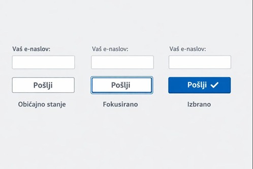 Primer gumba v običajnem, fokusiranem in izbranem stanju za prikaz različnih stanj interaktivnega elementa.