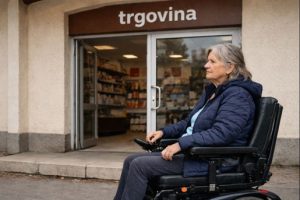 Donna in sedia a rotelle elettrica davanti all’ingresso di un negozio, raggiungibile solo tramite un gradino senza rampa.