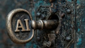 Una chiave antica con la scritta «AI» inserita in una serratura.